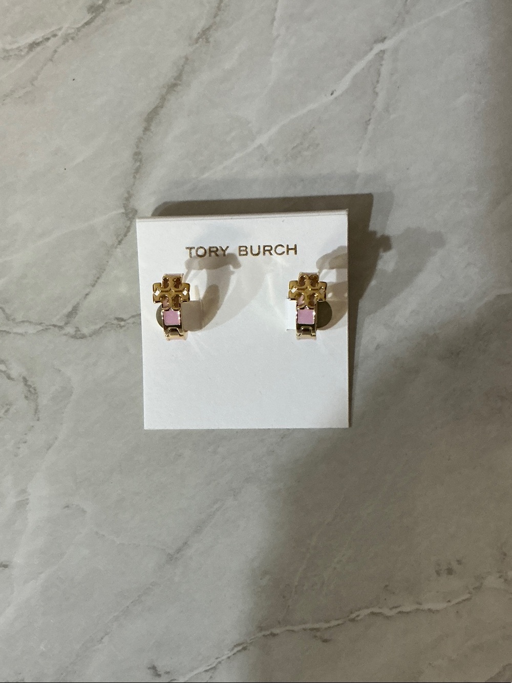 Tory Burch Gold Pink Enamel Logo Huggies (Earrings)